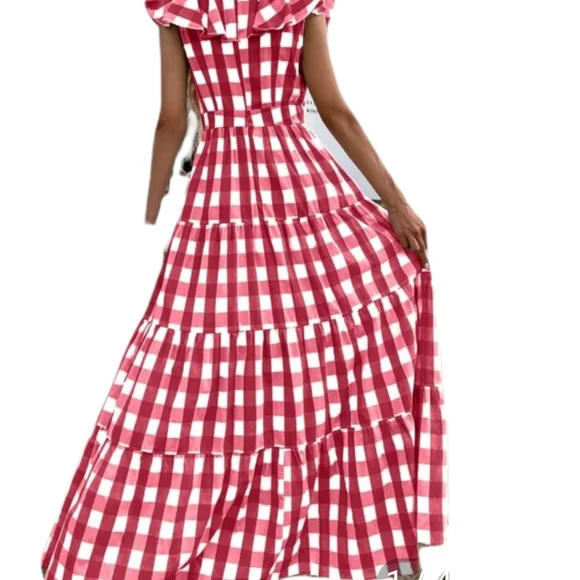 VTG Cottagecore Red Ruffled Gingham Plaid Maxi Dress Size S - Picture 2 of 11